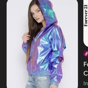 Forever 21 Purple Holograph Iridescent OilSlick CroppedWindbreaker Jacket HoodXS